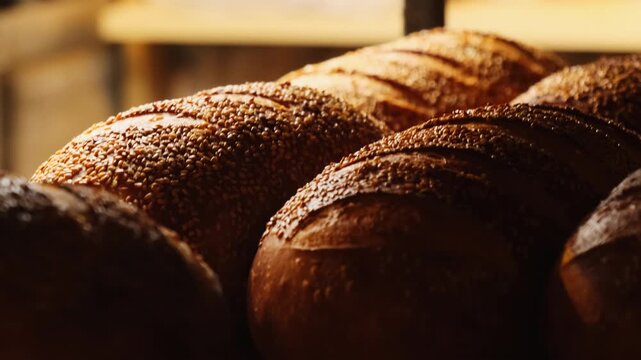 Shop assistant takes loaves covered with abundant golden sesame seeds from wooden display shelf. Shop worker prepares bread for sale to customers