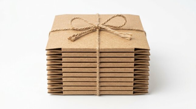 Stack of brown craft paper envelopes tied together with rustic twine string on white