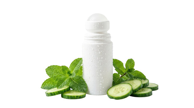 Rollon deodorant bottle with cucumber slices and mint leaves isolated on transparent background
