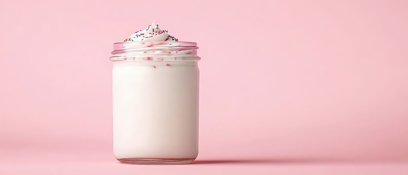 Creamy dessert in glass jar with colorful sprinkles, smooth pink background, close up view.