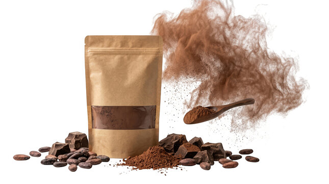 Kraft paper pouch with cocoa powder and chocolate chunks isolated on white isolated on transparent background