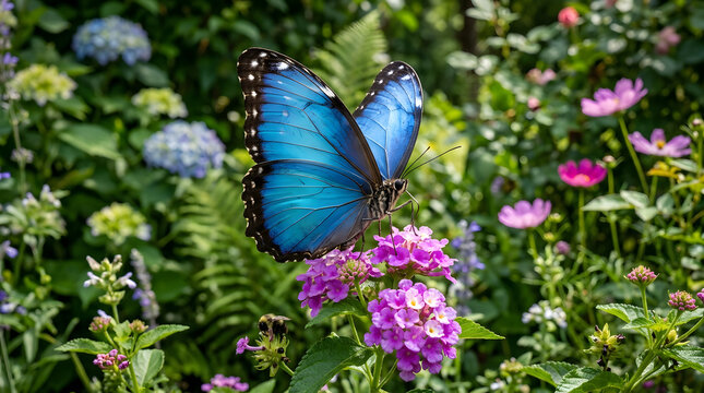A majestic blue morpho butterfly perches on vibrant purple flowers in a sun-drenched summer garden landscape.