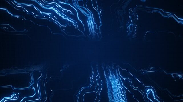 Glowing circuit paths broad dark modern electronic board. technology titles, artificial intelligence, cyber security, data networks, software presentations, digital products, engineering corporate