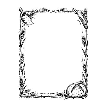 Bakery border frame with sourdough bread loaf wheat ears flour scoop and baking tool in vintage engraving style