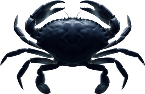 Dark blue crab with big claws in aggressive posture isolated on black background, seafood and marine life concept