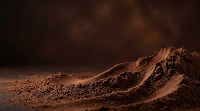 Cocoa powder landscape, artisan food texture background for chocolate branding, premium packaging, recipe editorial and cafe presentation, close-up, weighted to the lower right with negative space