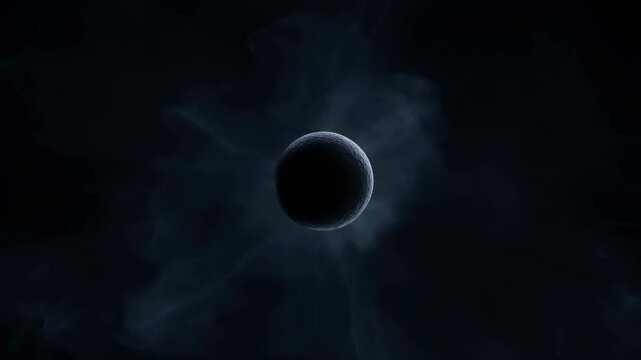Dark energy sphere with swirling smoke in an abstract cosmic atmosphere. Science education, astronomy presentations, and physics explainers.