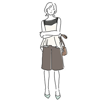Editable vector fashion illustration of woman in layered peplum bustier and Bermuda shorts with heeled pumps
