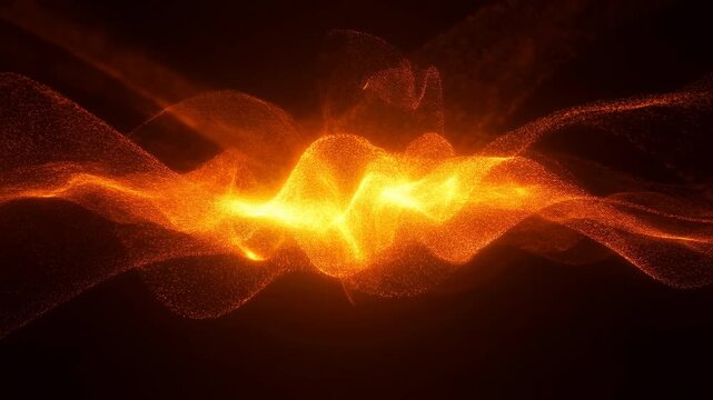 Glowing orange particle waves flow through dark abstract space around a radiant energy core. Technology presentation, energy-themed title sequence, and science media design.
