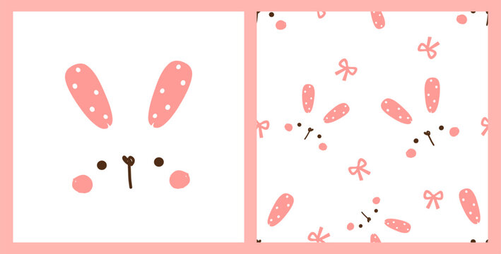 Cute seamless bunny face pattern featuring minimalist white rabbit faces with long pink polka dot ears, tiny heart shaped noses, rosy cheeks and ribbon bows in simple flat vector style.