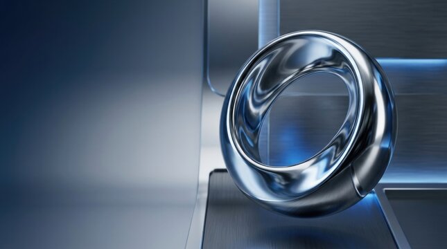 Metallic oval sculpture, chrome background for technology branding, AI conference, website hero and startup presentation, close-up, anchored right with clean empty area, floating reflective oval