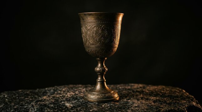 Ancient bronze chalice with intricate carved patterns standing on a stone
