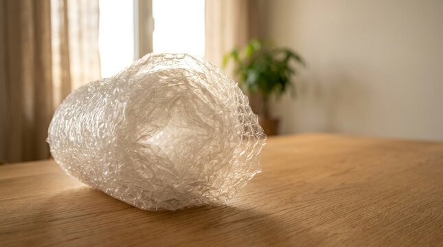 Rolled plastic bubble wrap packaging material sitting on wooden table interior