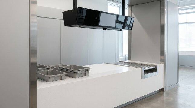Modern security checkpoint counter with scanner and grey plastic bins inside terminal