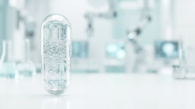 Transparent pharmaceutical capsule, pharmaceutical background for drug development, biotech branding, healthcare presentation and medical innovation, close-up, composition anchored left