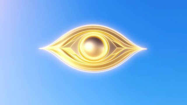 Glowing golden eye symbol pulses with expanding concentric rings on a blue gradient. Technology presentations, security concept, and mindfulness media.