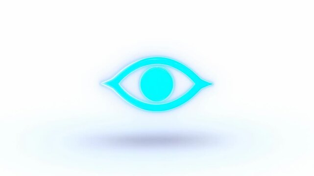 Glowing cyan eye symbol forms and hovers on a plain white background. Technology presentations, digital security campaigns, and privacy messaging.
