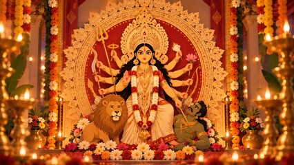 Fototapeta premium Hindu goddess durga idol decorated with traditional ornaments and garlands