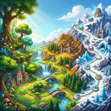 A winding pathway through a vibrant fantasy world with connected level nodes, depicting mobile game progression from lush forests to snowy mountains, environment, digital art, diverse biomes
