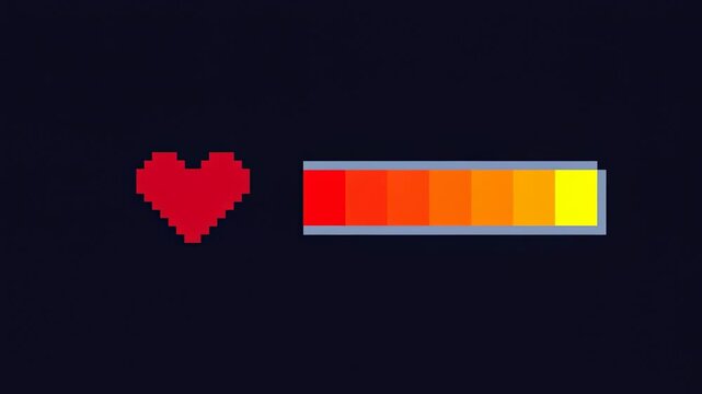Pixel heart health bar fills across a dark retro game interface. Game interface design, gameplay overlay, and retro gaming promotion.