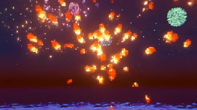 Pixelated orange fireworks burst and disperse in dark abstract space. Event announcement, holiday celebration graphics, and festival promotion.