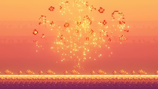 Pixel art explosion rapidly expands with fire, sparks, and debris in a stylized game setting. Game effects, arcade game, and action editing.
