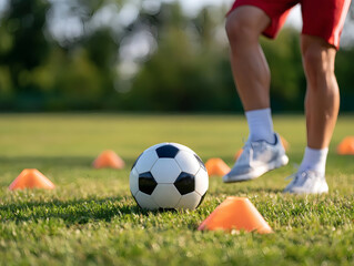 Obraz premium Soccer player training with cones and ball on grass field. Close-up of legs, football, and training equipment outdoors on a sunny day.