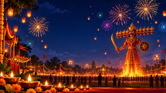 Ravana effigy burning at night during dusshera festival with fireworks