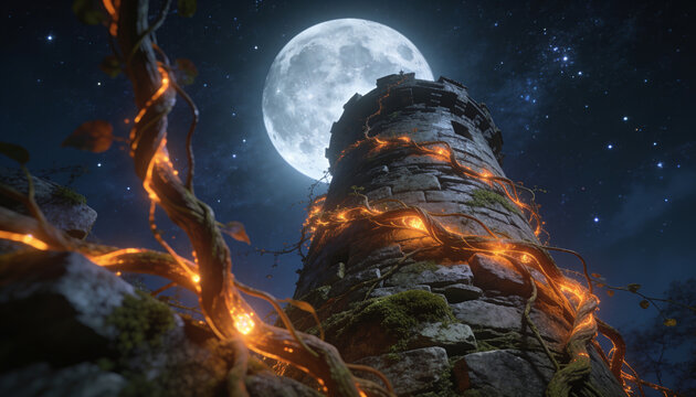 stone tower under full moon with glowing magical vines night fantasy background ancient castle spire surrounded by starry sky glowing roots ambient light concept art