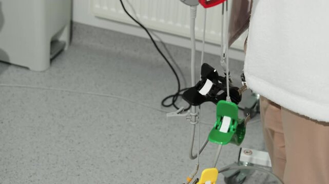 Medical worker carries electrode clamps and wires after diagnostic setup. Specialist gathers colored clips moving equipment away from patient area