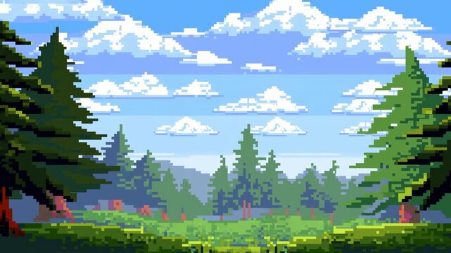 Pixel art forest landscape frames a bright meadow beneath a blue sky and layered clouds. Game development, indie game, and animated backdrops.