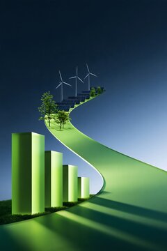 Glowing green financial bar chart merging into a winding ecological path with trees solar panels and wind turbines illustrating the global transition to renewable energy and ESG investing