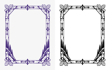 Rustic wooden timber border frame with pine forest trees and forged fleur de lis ornaments in vintage engraving style © Amelia