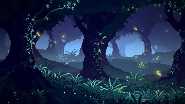 Enchanted pixel forest with glowing fireflies in a mysterious nighttime woodland. Game environment, fantasy storytelling, and ambient digital.