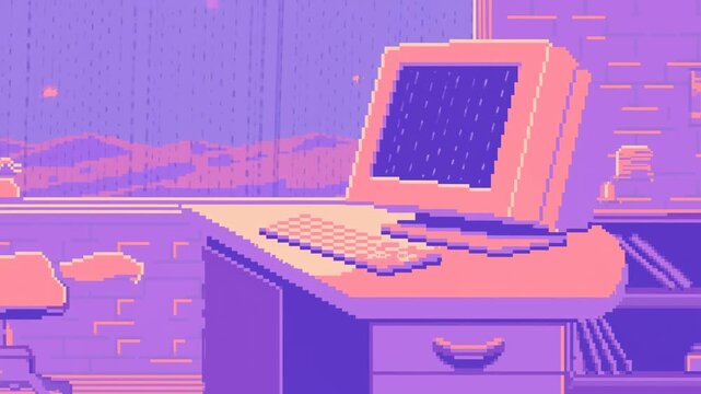 Pixel-art retro computer workspace in a purple home office with ambient light animation. Gaming content, technology presentations, and digital culture projects.