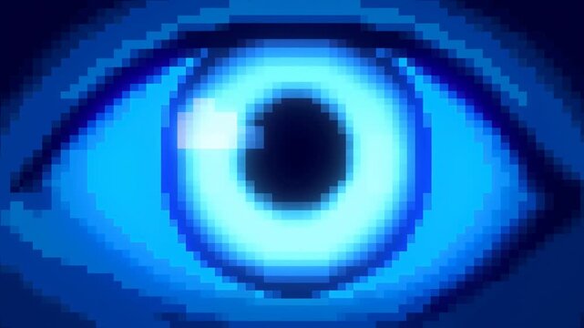 Luminous pixel art eye blinks and shifts its pupil in an abstract digital space. Technology presentations, cybersecurity advertising, and privacy awareness campaigns.