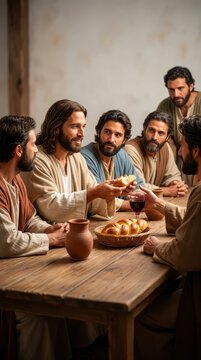 Jesus sharing bread and wine with his disciples at a long wooden table during the last supper, capturing a moment of profound spiritual connection, universal, representation, bread