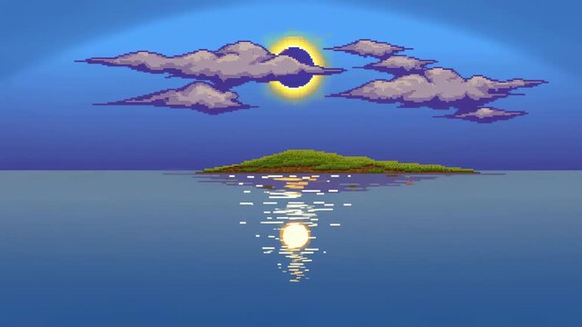 Pixel art seascape with drifting clouds and shimmering sun reflection over a small island. Game menu, meditation content, and digital art presentation.