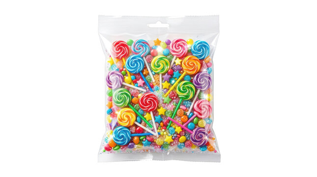 Clear plastic bag filled with colorful lollipops and assorted candy isolated on transparent background
