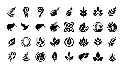 Fern and Kiwi Nature Glyph Icons Set – Solid Leaf Bird New Zealand Silhouette Vector © Icon Zone