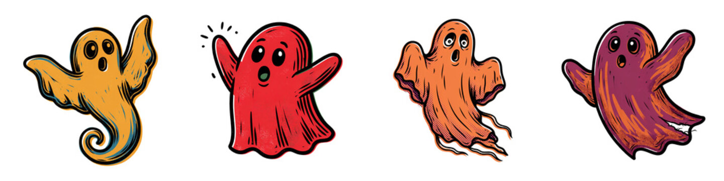 Colorful waving Halloween ghosts in playful cartoon style