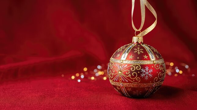 Un bellissimo sfondo natalizio rosso intenso e testurizzato, arricchito da eleganti decorazioni festive dorate e argentate come fiocchi di neve e palline, calore, atmosfera, sfocatura