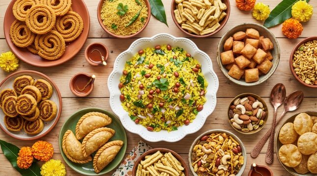 Traditional Indian Diwali Snacks and Sweets Spread with Poha, Chakli, and Bhakarwadi on Wooden Table