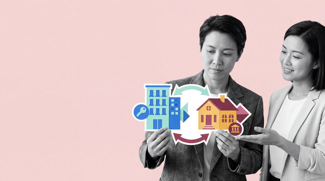 Business partners or real estate agents exchanging icons of commercial building and residential house, mortgage swap concept
