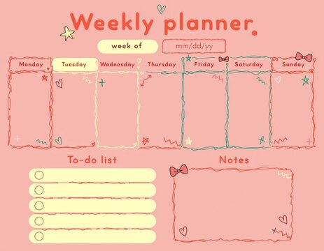Pink pastel weekly planner template with vertical columns layout