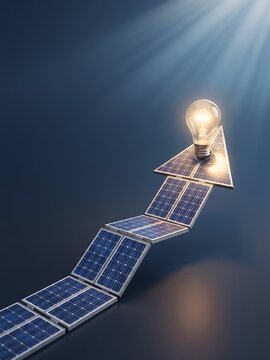 Flexible folding solar panel unrolling upward into an arrow shape pointing toward a glowing lightbulb conceptualizing the flexible growth and progressive innovation in renewable energy solutions