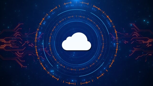 A cloud icon rests HUD rings as glowing circuits extend digital scene. cloud computing, online storage, data transfer, internet services, network security, server 19 business presentations.