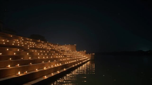 Thousands of Burning Clay Diya Oil Lamps on River Ghat Steps with Reflections on Water at Night for Dev Deepawali and Diwali