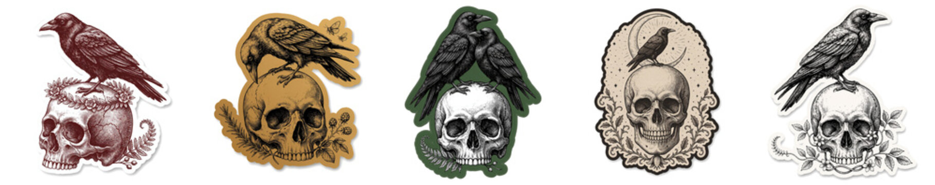 Gothic raven and skull Halloween illustration