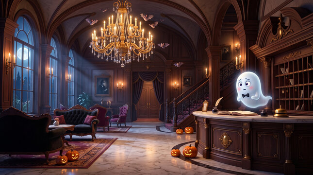 Cute ghost floating behind hotel desk, halloween design